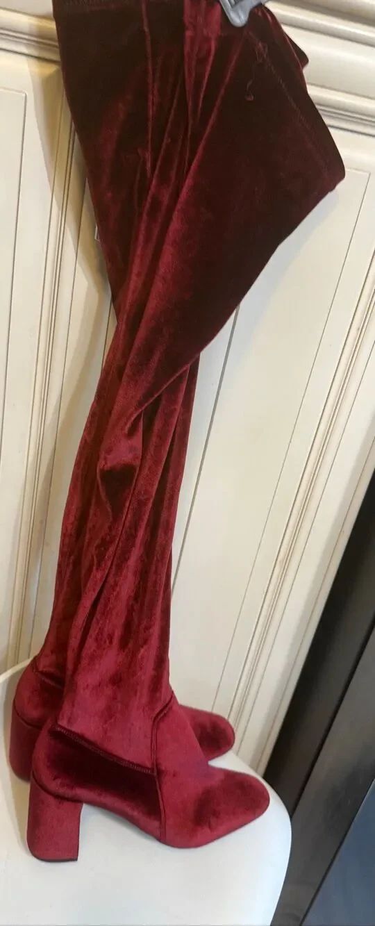 Jeffrey Campbell Women's Velvet Block Heel Thigh High Boots Burgundy Size 8.5